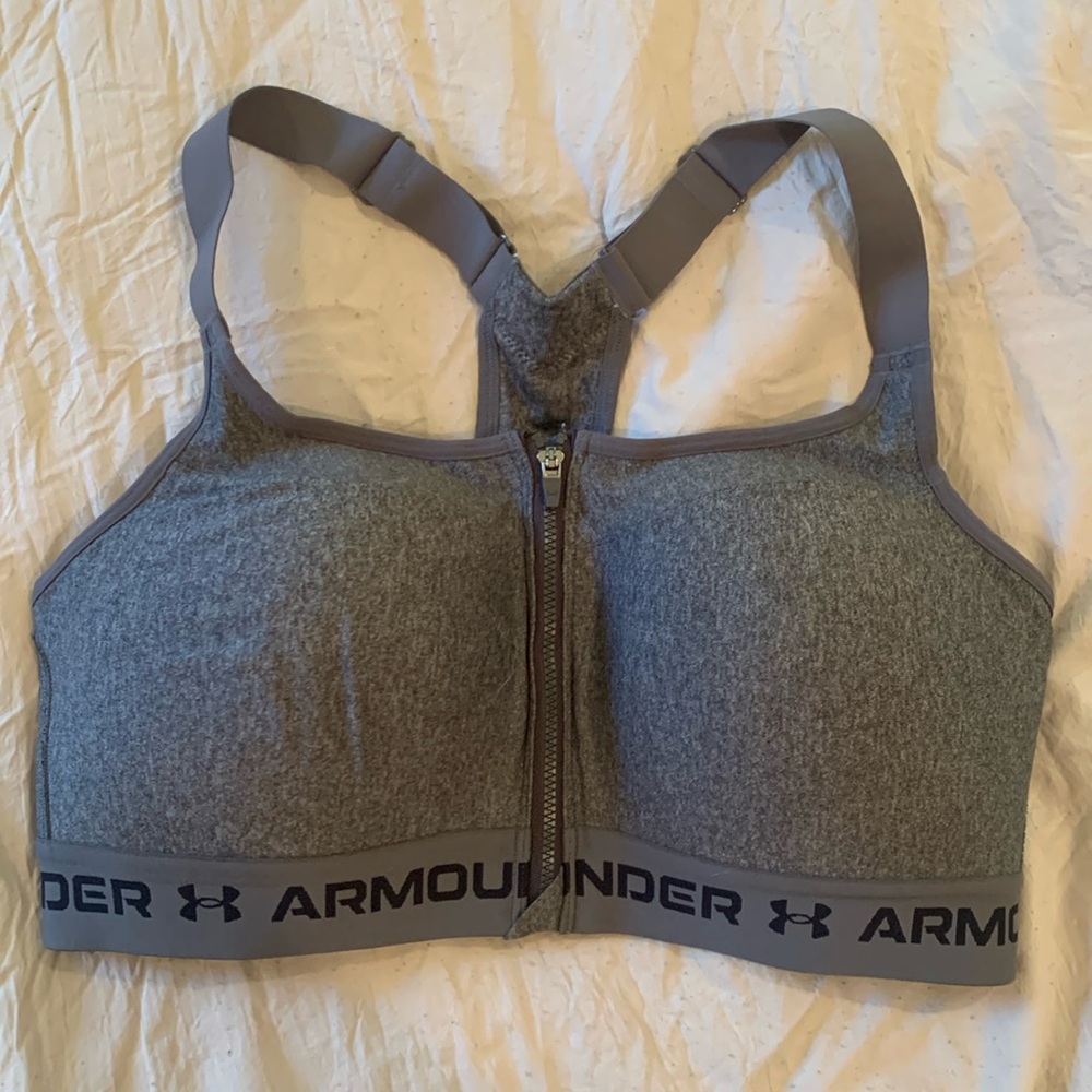 Under Armour front-zip, gray compression sports bra